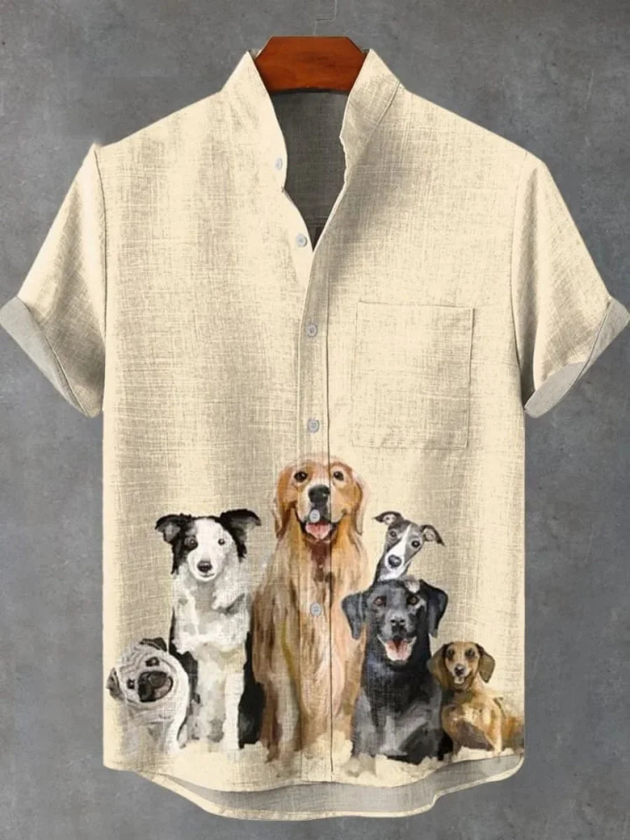2025 hommes décontracté mode nouvelle chemise en lin Art imprimé chien de compagnie motif chemises mode décontracté et confortable hommes chemise unie