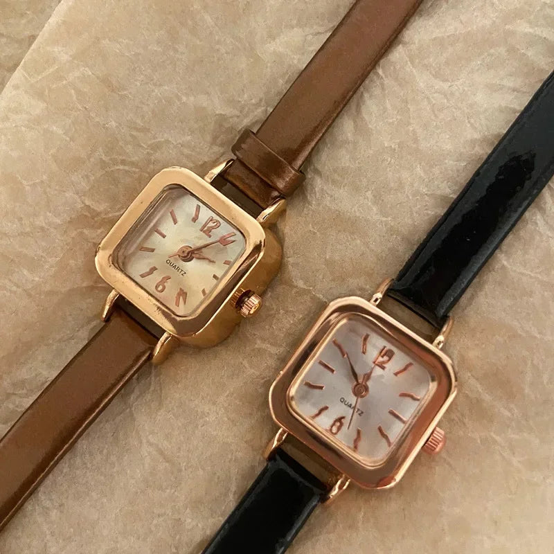 Montre-bracelet à quartz pour femme, petit cadran carré, bracelet en cuir fin, élégant, décontracté