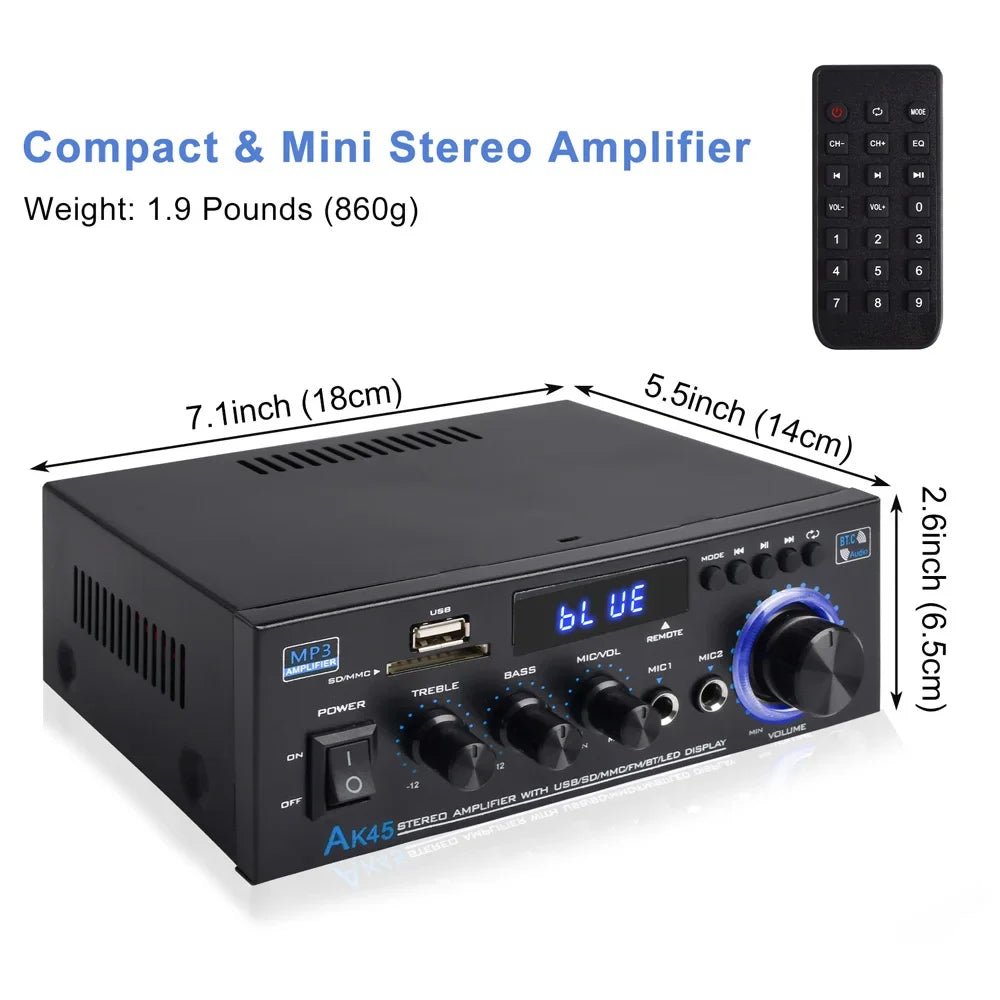 Amplificateur de puissance Bluetooth 5.0, récepteur stéréo, caisson de basses, audio Hi-Fi, AK45, 2 canaux, 300W x 2 sorties, Max 800W