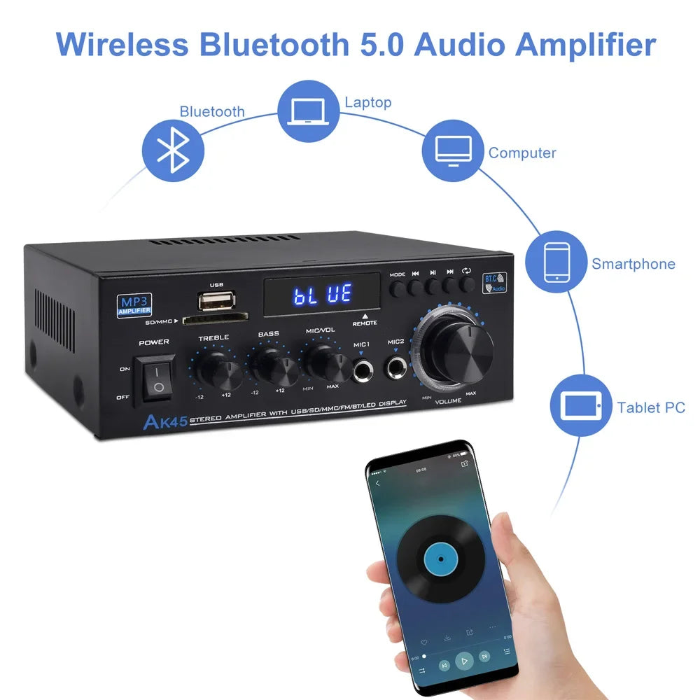 Amplificateur de puissance Bluetooth 5.0, récepteur stéréo, caisson de basses, audio Hi-Fi, AK45, 2 canaux, 300W x 2 sorties, Max 800W