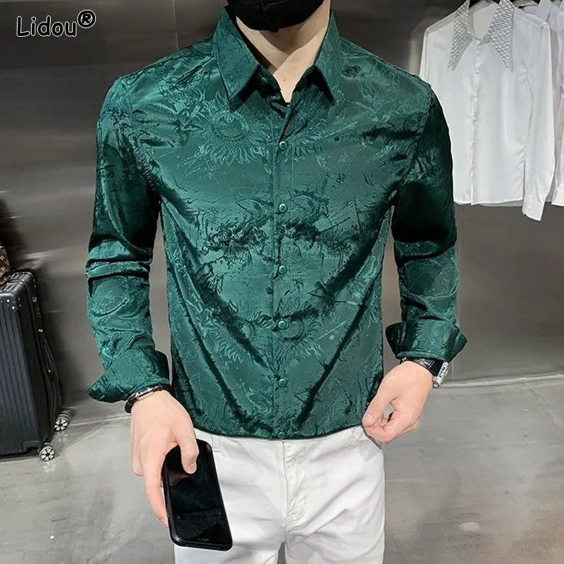 Chemises fines droites à col rabattu pour hommes, beau, monochromatique, bouton d'impression décontracté, affaires, vêtements pour hommes, mode printemps, été, 2023