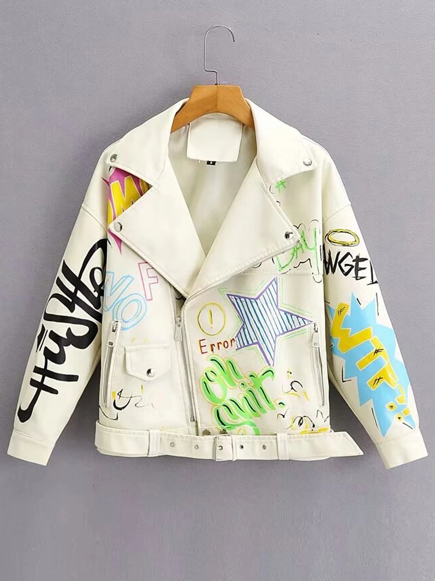 Manteau de marque en cuir PU pour femmes, veste de marque à la mode, imprimé Graffiti coloré, manteaux Punk doux, Slim Locomotive, veste courte, haut en cuir