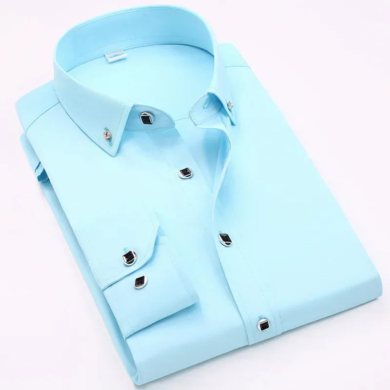 Chemise habillée de luxe pour hommes, bouton en diamant, couleur unie, décontractée, coupe Standard, confortable, douce, manches longues, vêtements pour hommes