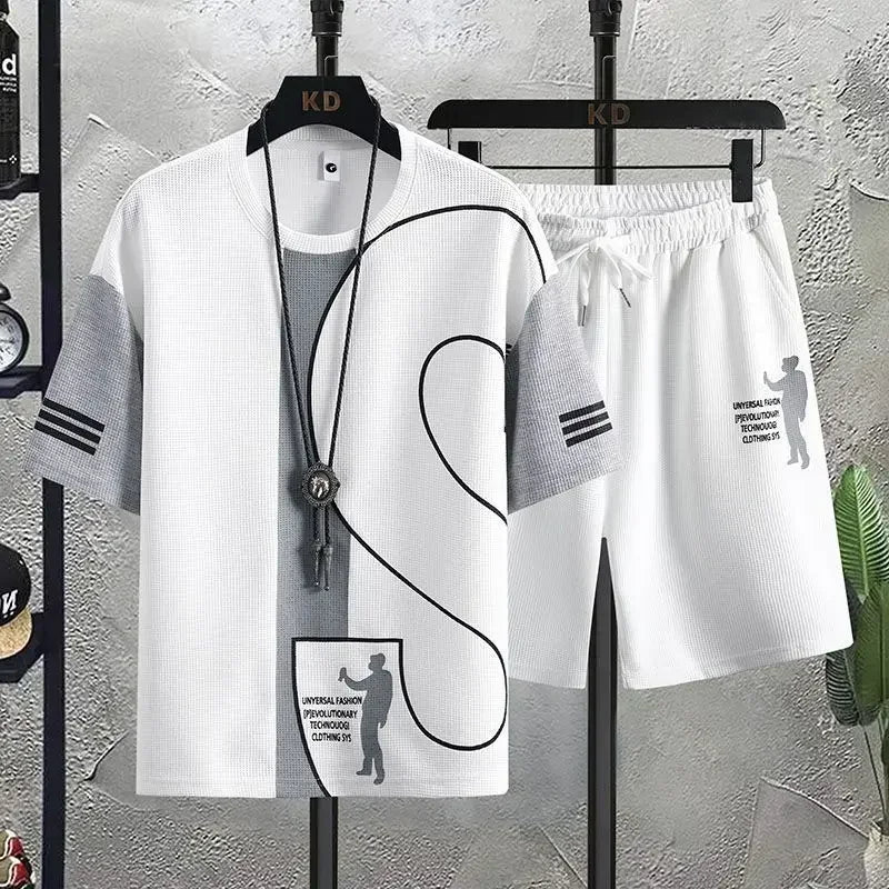 Ensemble de T-shirt et Short de dehors pour Homme, Vêtement de Travail Imprimé, Gaufré, Tenue 2 Pièces, Coupe Régulière Basique