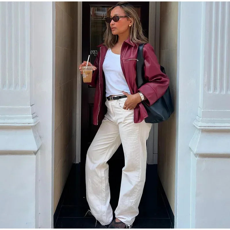 Zekye-Blouson en cuir bordeaux à manches longues pour femme, veste à revers avec fermeture éclair, vêtements de rue, mode printemps été