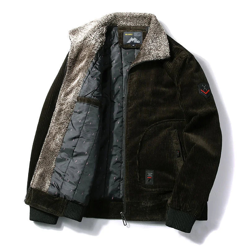 Coupe-Vent Thermique en Velours Côtelé pour Homme, Veste Chaude avec Col en Fourrure, Vêtement d'Extérieur Décontracté, Grande Taille, Hiver