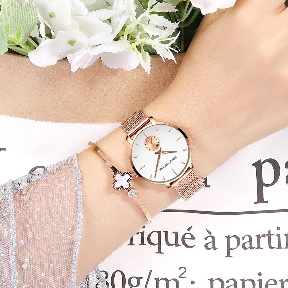 HANNAH MARTIN Top marque femmes montre 1335 synchronisation sous-cadran en acier inoxydable maille mouvement à Quartz or Rose 33mm