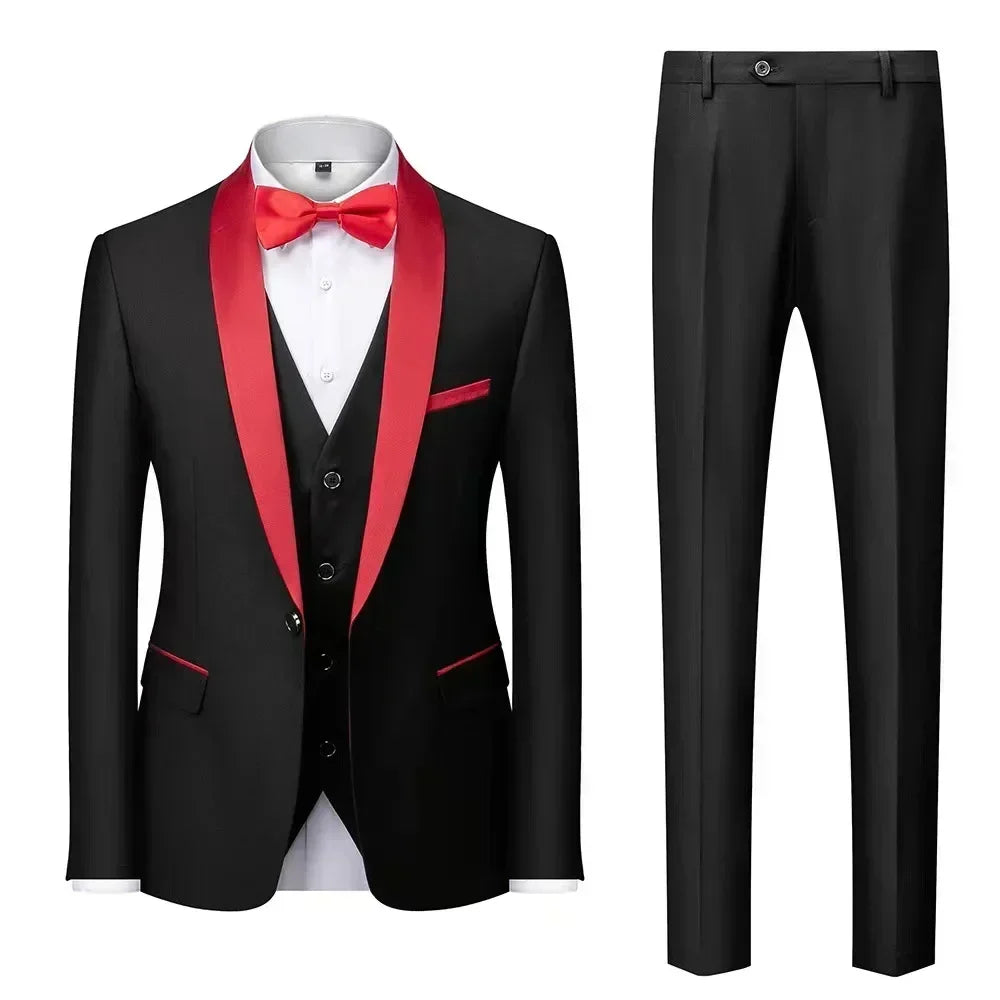 Ensemble 3 pièces pour hommes pour mariage, blazers élégants, col nœud, veste de luxe, pantalon, manteau formel, robe moulante, haute qualité