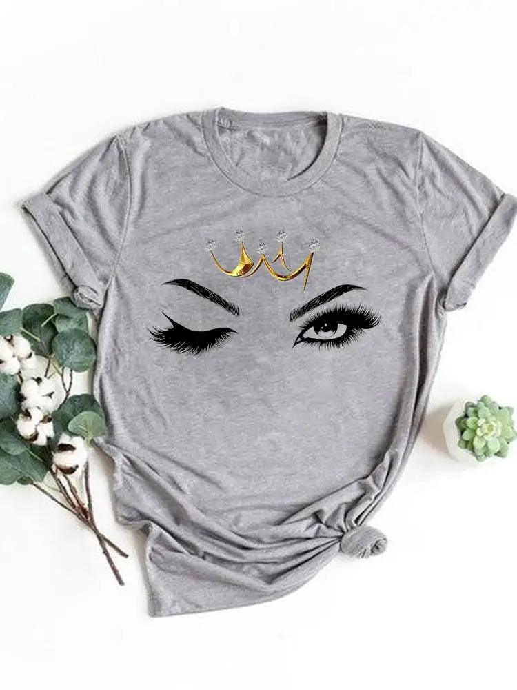 T-shirt manches courtes pour femmes, vêtement basique, haut d'été, maquillage rayé, joli et mignon, imprimé, à la mode, graphique