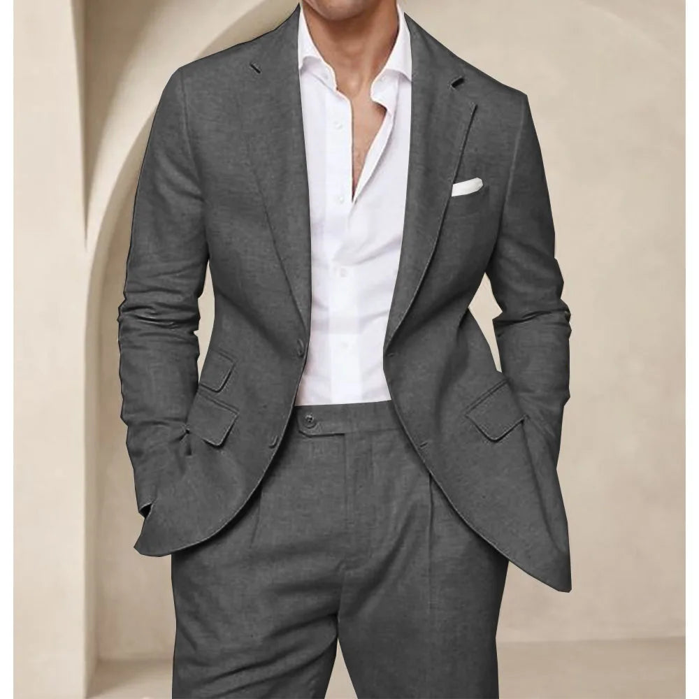 Costume deux pièces en lin pour hommes, Cool, respirant, élégant, mode, Design Slim, robe de mariée, vêtements de travail, confortable, nouveau, été