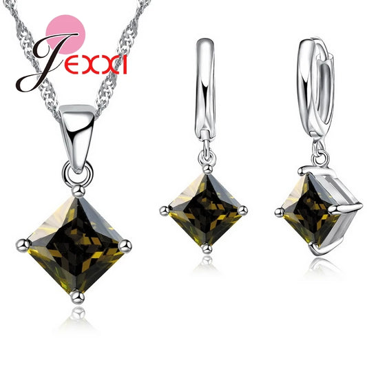 Ensemble de bijoux de mariage en argent regardé 925 pour femme, beaux pendentifs, colliers et boucles d'oreilles, ensembles de bijoux en cristal clairs et carrés, 8 couleurs