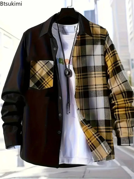 2025Men's printemps automne décontracté à manches longues chemise mode Patchwork Plaid conception simple boutonnage chemise manteaux confortable Cardigan