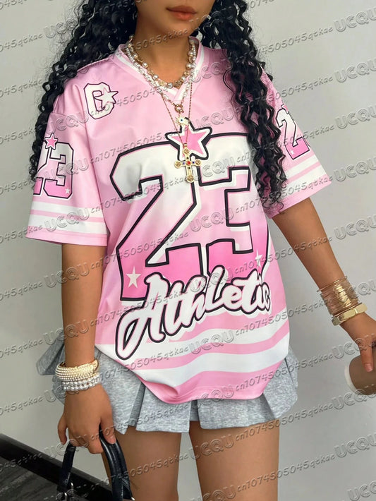 T-Shirt en Jersey imprimé numéro 23 rose pour femmes, col en v, sport, manches courtes, décontracté, voyage, Teey2k, vêtements à la mode, été