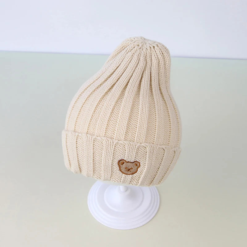 Chapeau de bébé brodé d'ours de dessin animé coréen, doux et chaud pour enfants garçons et filles, Bonnet d'hiver tricoté pour enfants