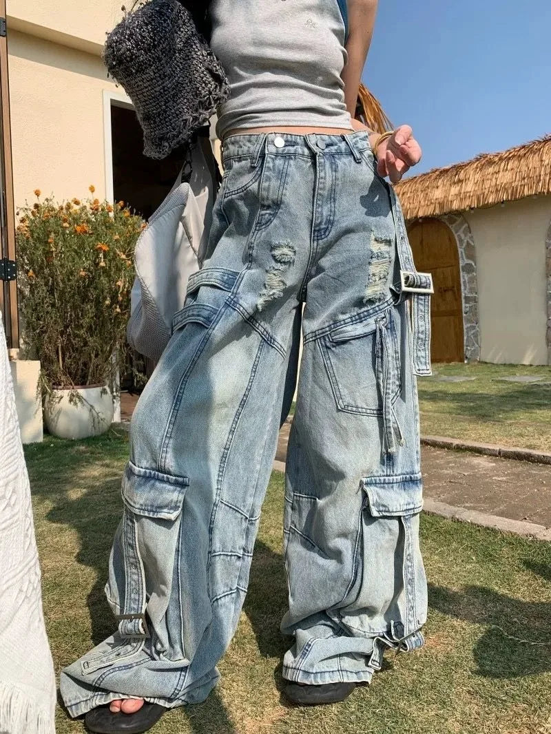 Tendances de la mode américaine Joker outillage poche Baggy jean femme rue Y2K nouveau Hip Hop surdimensionné pantalon à jambes larges unisexe jean