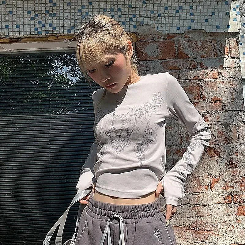 T-shirt à manches longues pour femmes, haut patchwork sexy, t-shirts col rond, tunique imprimée à manches longues, t-shirt streetwear