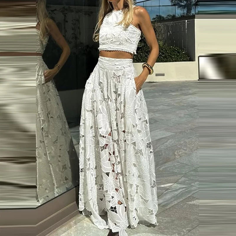 Jupe de soirée creuse en Crochet brodé blanc pour femmes, costume de tempérament élégant, haut sans manches et jupe longue, ensemble Chic pour dames