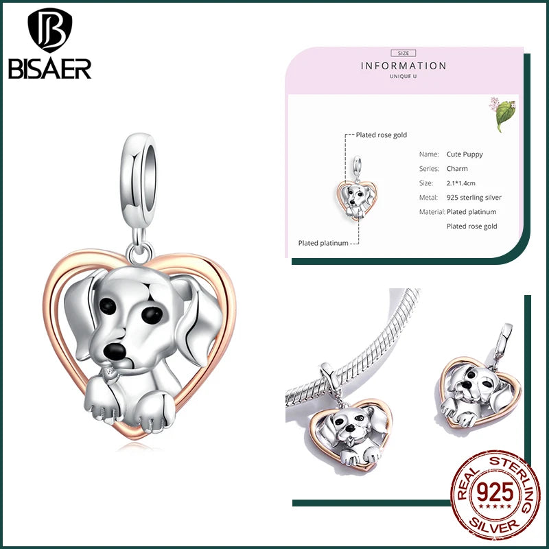 BISAER 925 en argent Sterling mignon chien breloque perle teckel animal de compagnie pendentif platine plaqué ajustement femmes Bracelet à bricoler soi-même bijoux fins