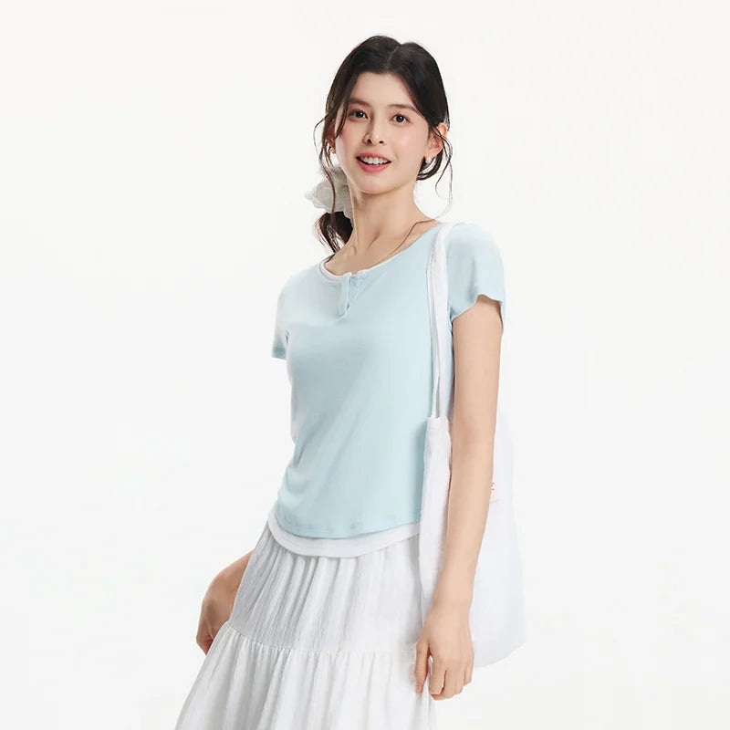 SEMIR-T-Shirt à Manches Courtes pour Femme, Pull Court, Élégant, Décontracté, Faux Deux Pièces, Slim Fit, Top Minimaliste, Nouvelle Collection Été 2025