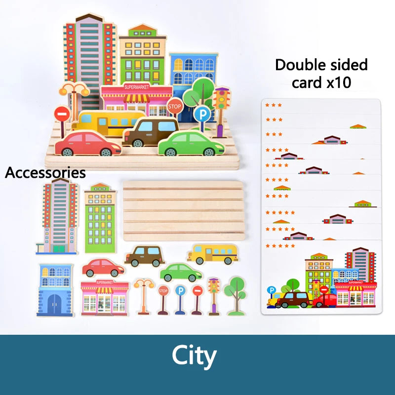 Jeu de pensée logique en bois pour enfants, puzzle de scène d'animaux de ferme, jeu de construction assorti, formation à l'imagination, jouets éducatifs Montessori