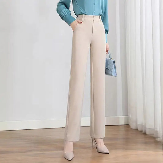 Pantalon de bureau pour femmes, coupe droite, ample, couleur unie, bouton assorti, fermeture éclair, taille haute, poches, crayon, printemps automne