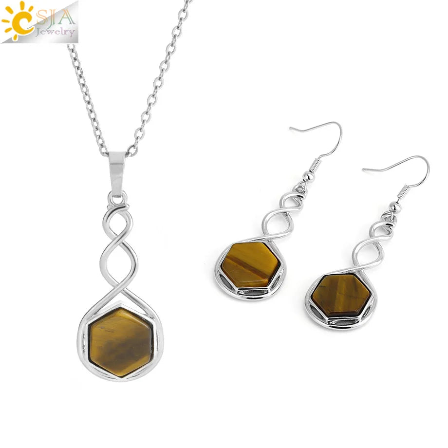 CSAlbaneParure de bijoux en pierre naturelle pour femme, boucles d'oreilles, collier, hexagone, pendentif en cristal, acier inoxydable, accessoires de bijoux, H577