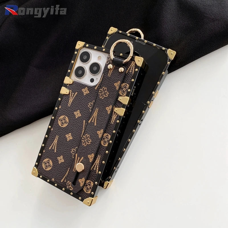 Étui carré en cuir avec dragonne pour iPhone