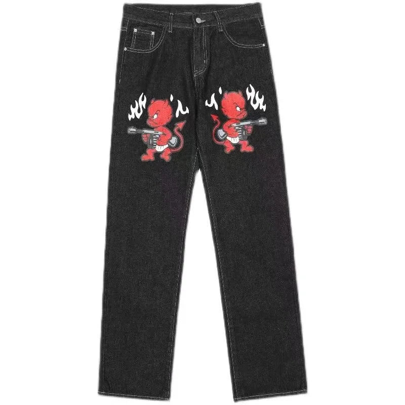 Hommes femmes cerisier fleur chevalier tout broderie Denim pantalon Y2k Vintage Baggy rue jean droit taille haute lavé bleu Jean