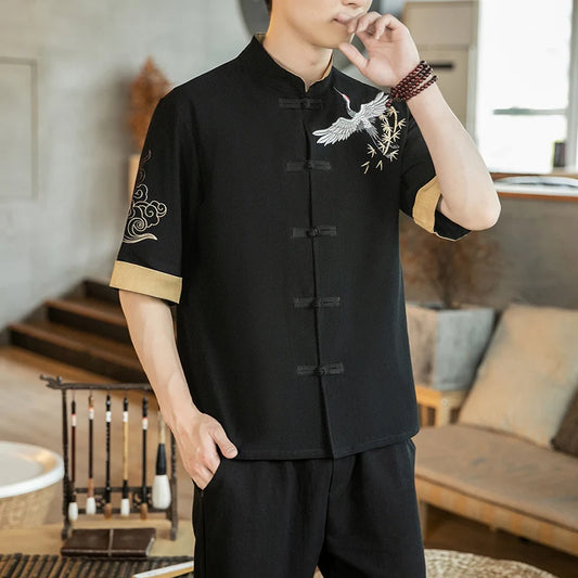 Cardigan en lin à col montant brodé pour hommes, haut décontracté, manches courtes, style chinois, grue, chapelle Kungfu Tai, Tang imbibé, nouveau