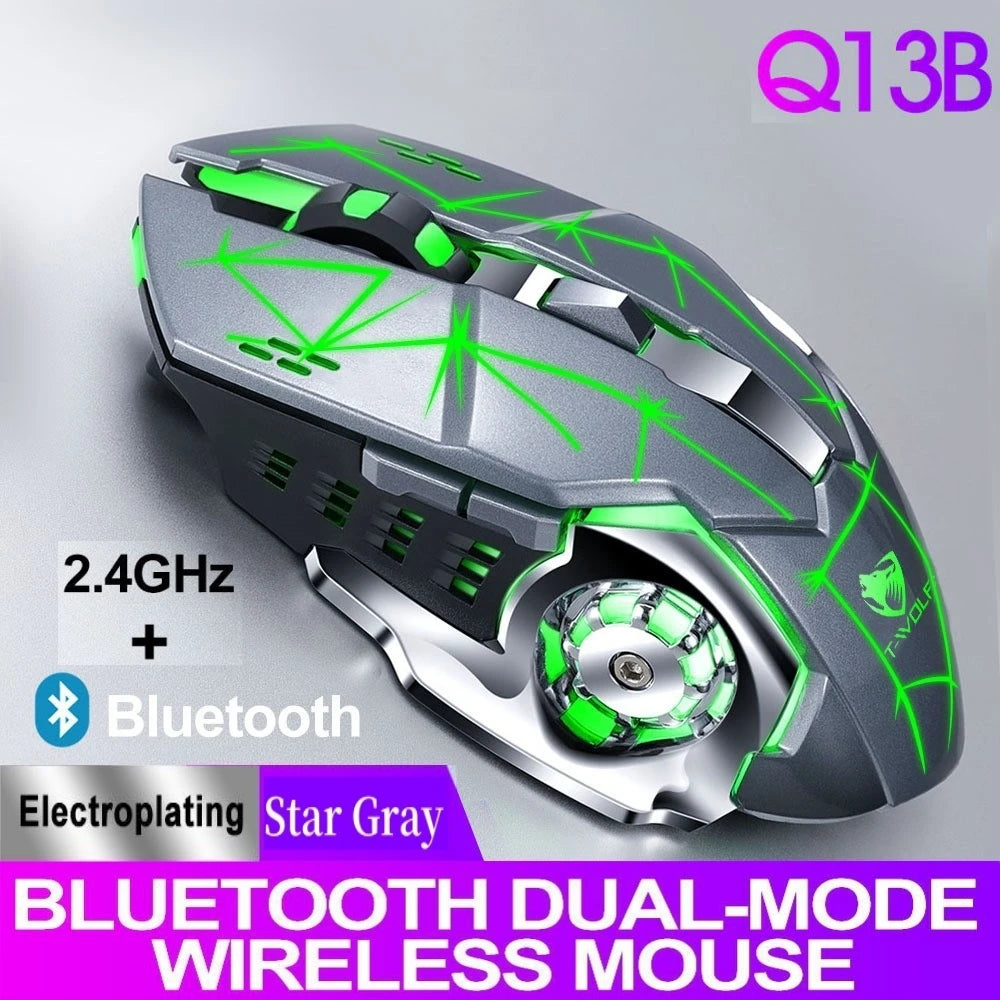 Souris de jeu sans fil 6 touches Rétroéclairage RVB Souris de jeu Bluetooth 2.4G Connexion USB Double mode Batterie rechargeable 3 niveaux DPI T-WOLF Q13 Clic silencieux Conception ergonomique