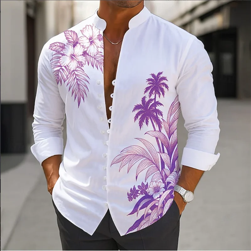 Chemise à manches longues pour hommes, transfrontalière d'été, imprimé bambou 3D, fleur, Vintage, col rabattable, manches longues, boutons