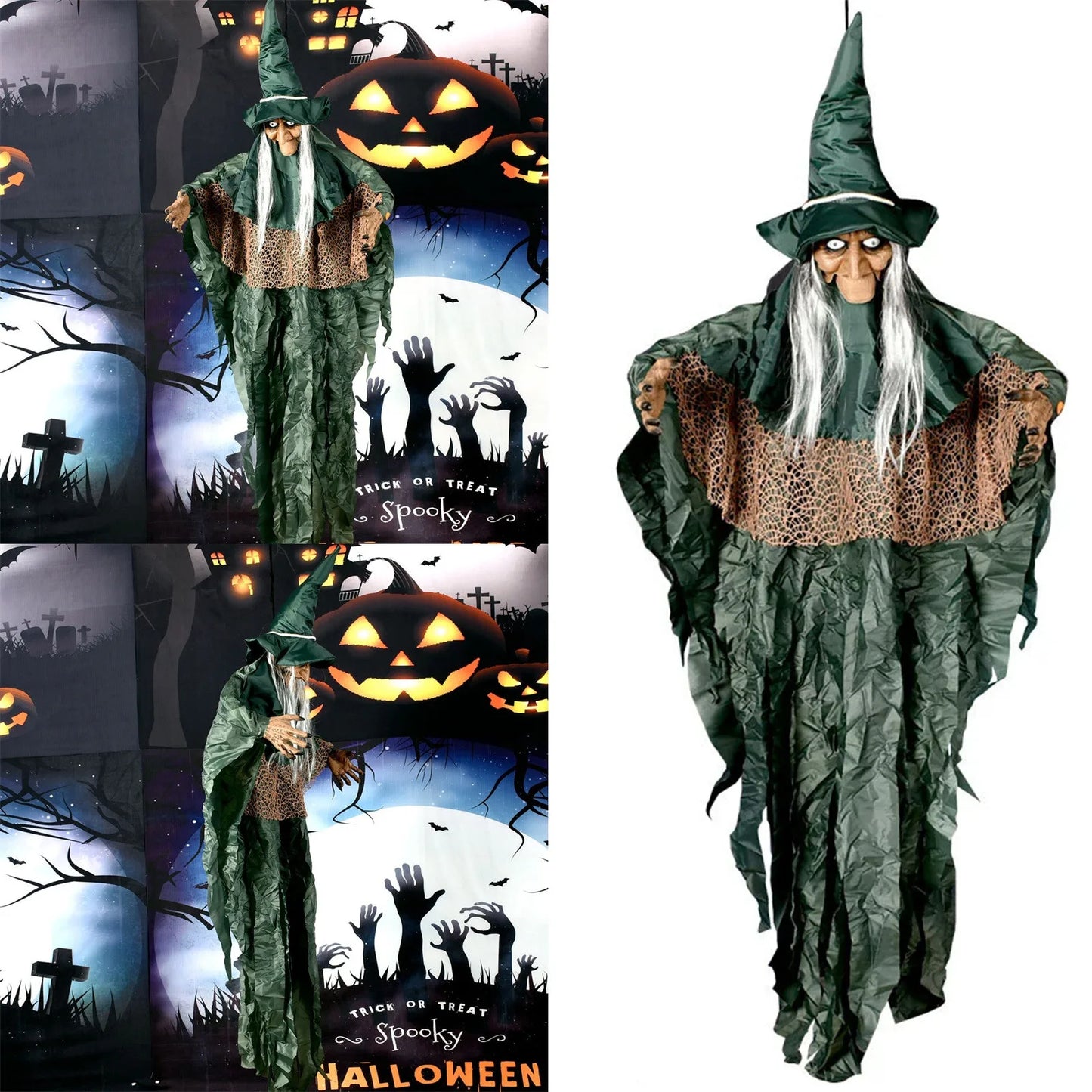 Sorcière parlante d'halloween, sorcière effrayante et effrayante, animatronique, contrôlée par la voix, scintillante, décoration de maison hantée