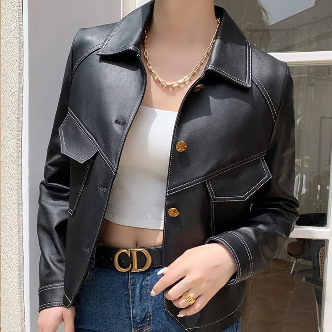 Blouson en similicuir PU femme, slim et court, avec boucle à une rangée, pour moto et rue, automne hiver