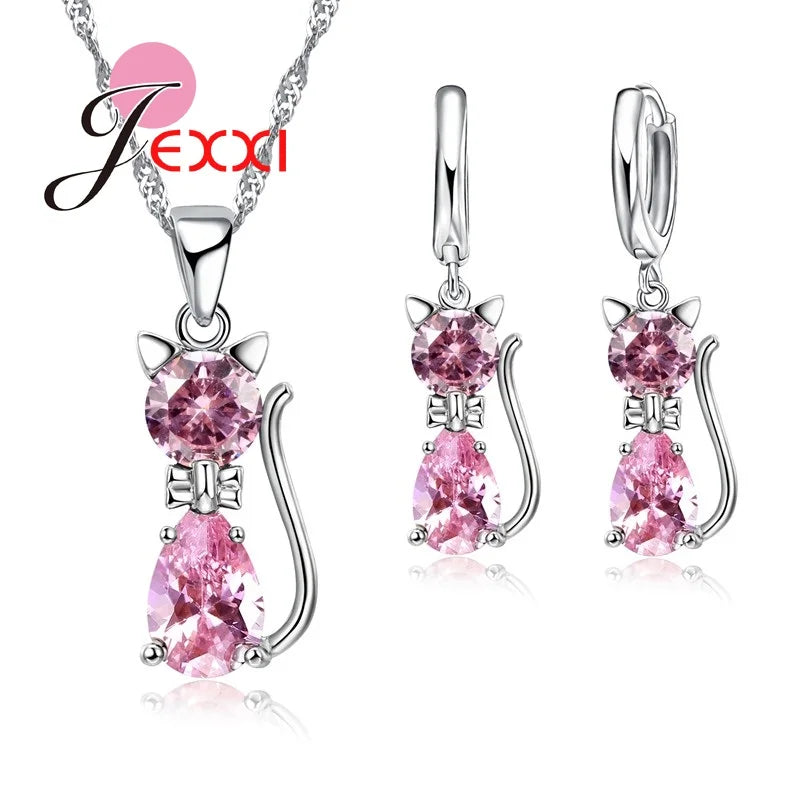 Ensembles de bijoux en argent pour femmes, livraison rapide, fiançailles romantiques, chat mignon, collier, boucles d'oreilles avec cristal autrichien