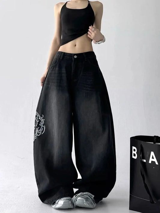 Rue rétro ligne américaine modèle jean décontracté femmes 2025 été nouvelle mode taille haute ample jambe large jean Biack Y2K jean