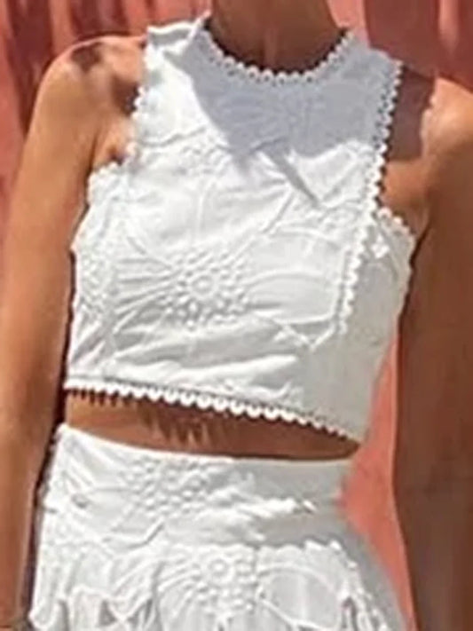 Jupe de soirée creuse en Crochet brodé blanc pour femmes, costume de tempérament élégant, haut sans manches et jupe longue, ensemble Chic pour dames