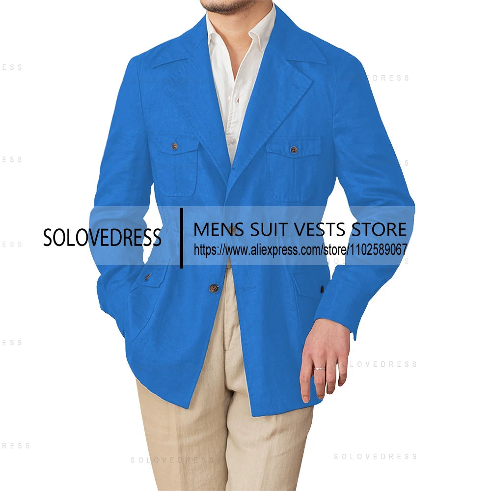 Veste en lin simple boutonnage col à revers coupe ajustée lin costumes pour hommes veste d'été Blazer (juste une veste)