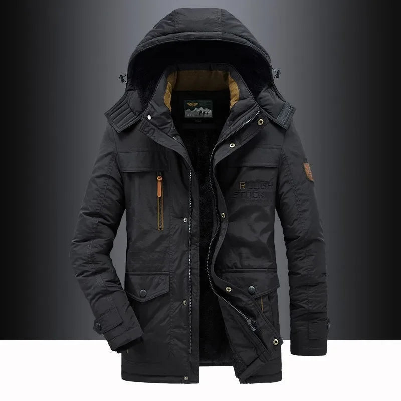 Nouveau hiver hommes Parkas à capuche décontracté longues doudoune polaire chaud outillage vestes bonne qualité mâle extérieur manteaux d'hiver taille 5