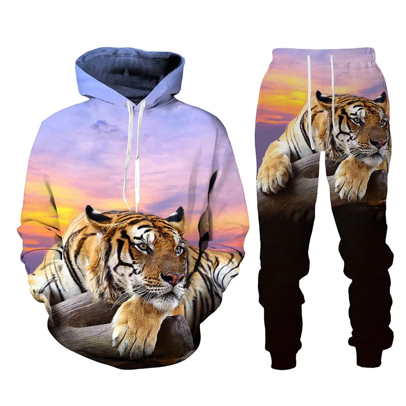 Ensemble de survêtement imprimé tigre animal 3D pour hommes, sweat à capuche et pantalon décontractés, streetwear à la mode, vêtements trempés, automne, hiver, 2 pièces