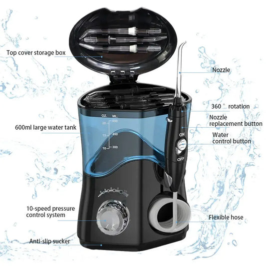 Hydropulseur professionnel 600ML avec 7 buses, irrigateur buccal à haute impulsion pour le blanchiment des dents, les accolades, les Implants, soins des gencives portables