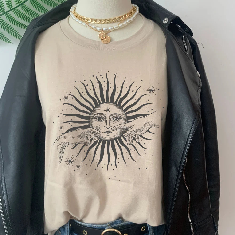 T-shirt à manches courtes pour femmes, style Boho, vintage, mains de soleil imprimées, été décontracté, hipster, mignon, esthétique, STRATravelling Y-