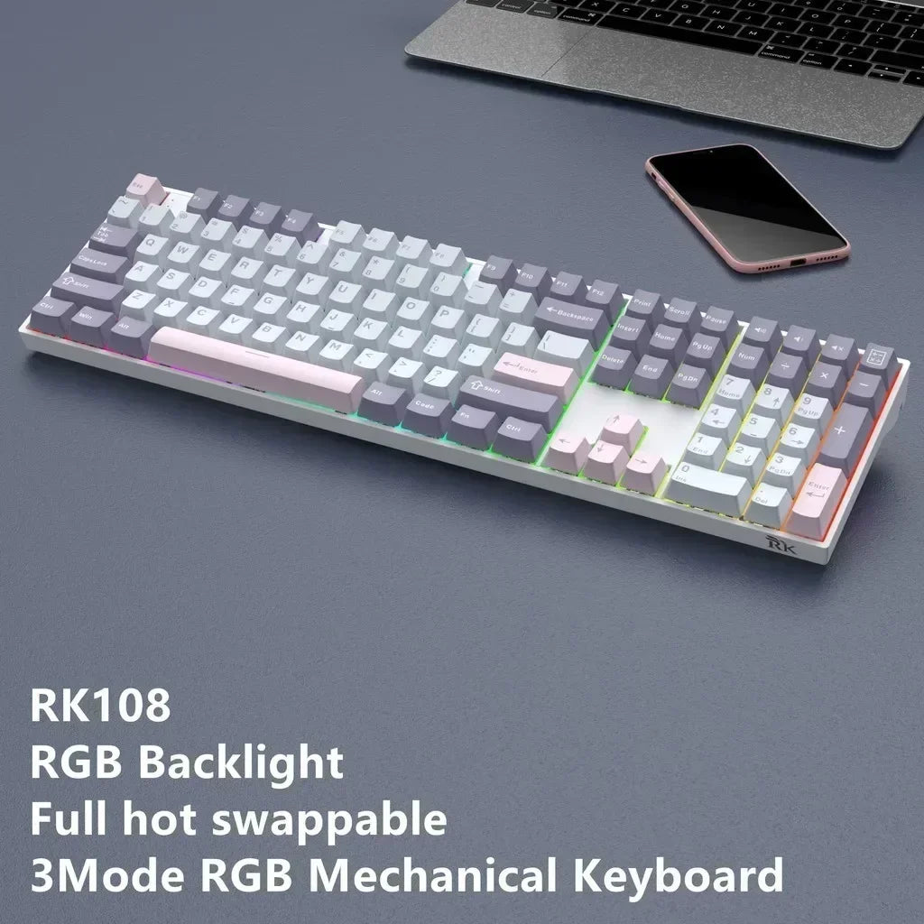 Clavier mécanique sans fil RK108, RVB, Bluetooth, 100%, grande taille, programmable, personnalisé, bricolage, 108 touches avec NumberSub