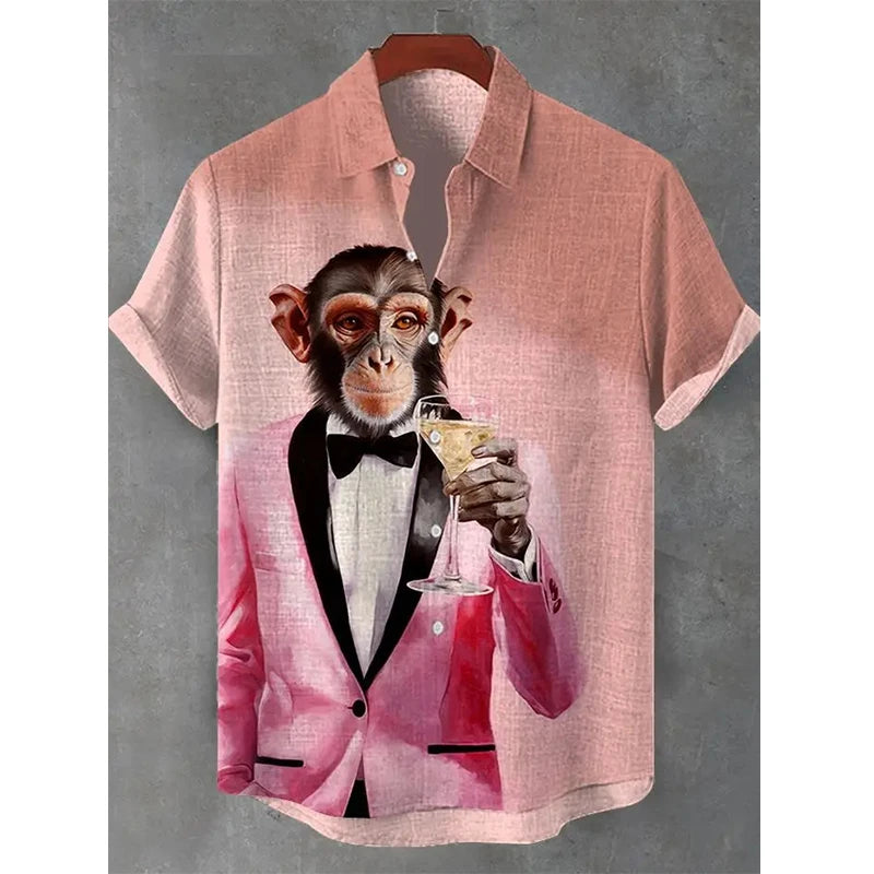 Chemises de plage imprimées en 3D de singe drôle pour hommes et femmes, chemise de plage hawaïenne décontractée, chemisiers de vacances, manches courtes, animal mignon, bouton Y