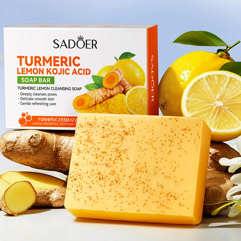 Savon éclaircissant au citron et au curcuma, fait à la main, nettoyage en profondeur, exfoliant pour le corps, douche et visage, soins pour le corps avec filet, 100g