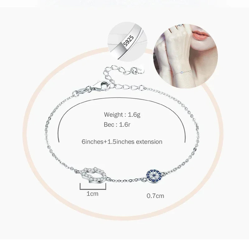 Kaletine-Bracelet à breloques Hamsa Evil Eye pour femme, argent regardé 925, bracelets JOLink CZ bleus, bijoux turcs, bonne chance