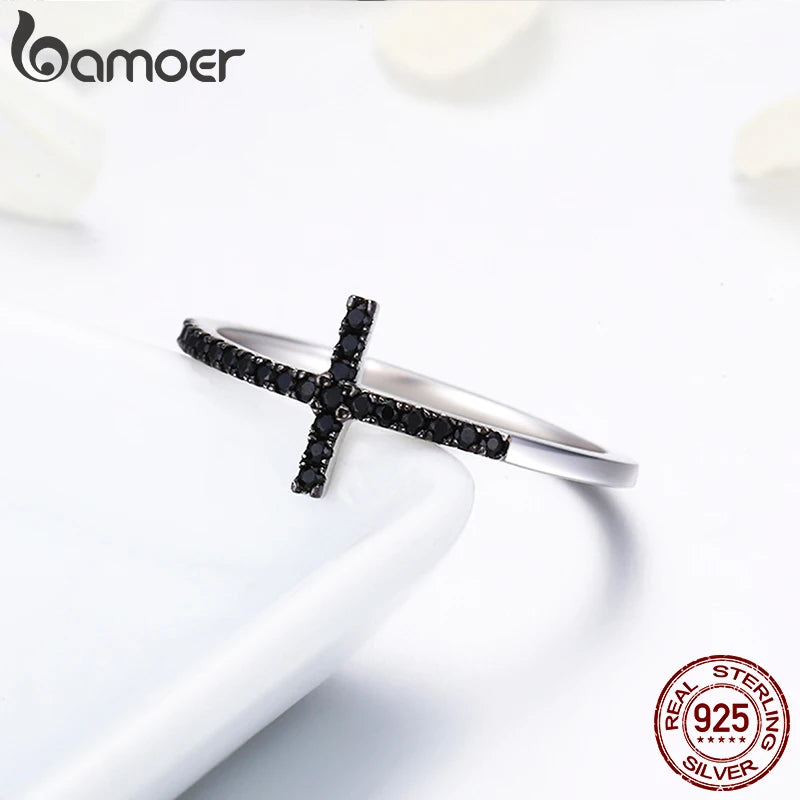 BAMOER – bagues en argent Sterling 925 en forme de croix pour femmes, bijoux en argent Sterling CZ noir clair, cadeau SCR067