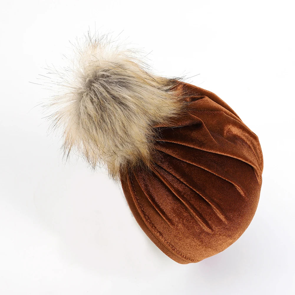 Chapeau boule de fourrure en tissu velours solide pour enfants garçons filles bébé accessoires de photographie grand pompon nœud supérieur automne hiver oreille bonnet chaud