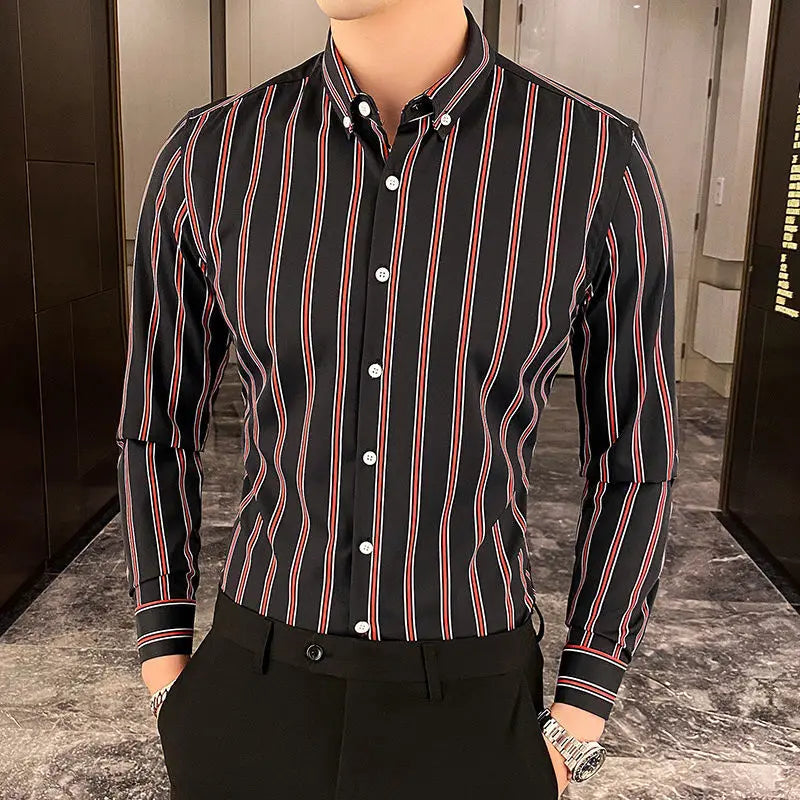 Chemises rayées à boutons formels pour hommes, beau tempérament, col rabattu, maigre, printemps, été, automne, vêtements fins pour hommes, mode