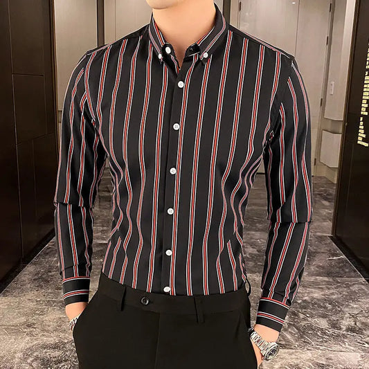 Chemises rayées à boutons formels pour hommes, beau tempérament, col rabattu, maigre, printemps, été, automne, vêtements fins pour hommes, mode