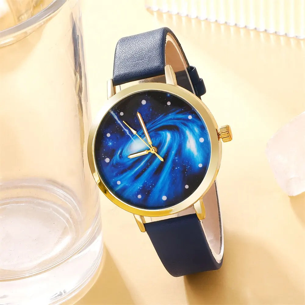 Montre à cadran ciel étoilé pour femme, design de marque, horloge, bracelet en cuir bleu, ensemble de 5 pièces